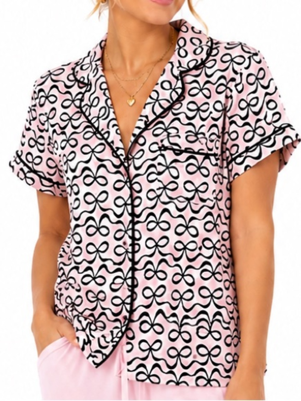 KATE SPADE PINK & BLACK BOW PRINT PAJAMA TOP SZ SM